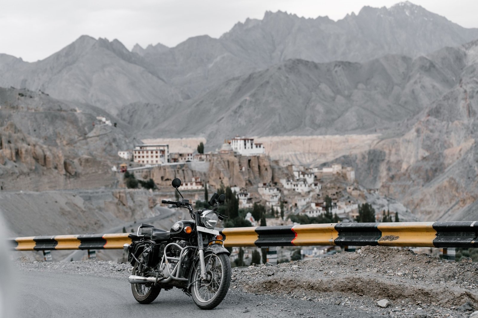 Leh Ladakh bike trip with a rented motorcycle prepared for mountain travel