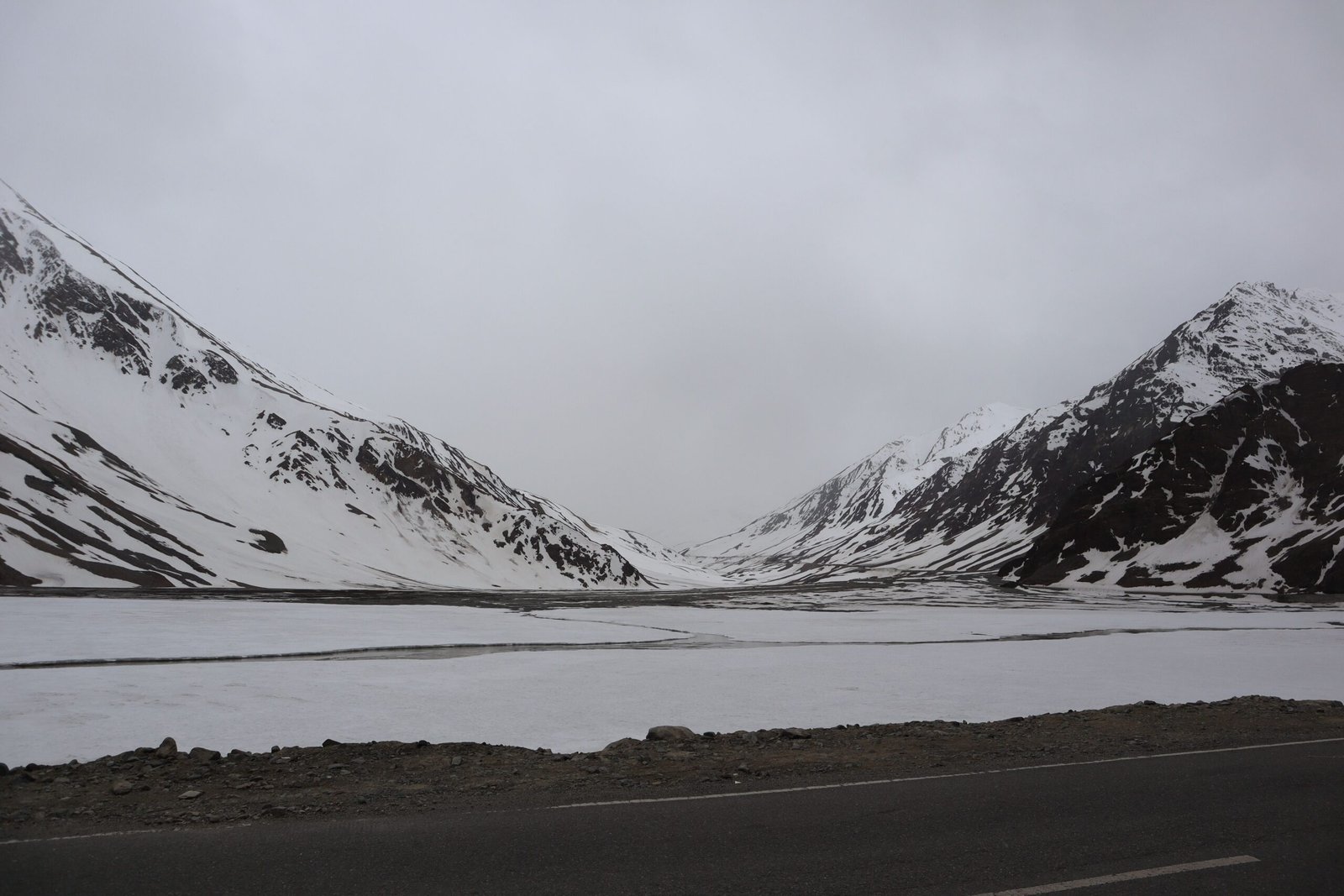Ladakh in November with snow-covered mountains and frozen lake scenery